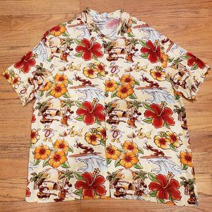 Disney Parks Hawaiian Floral Shirt Mickey Donald Goofy Minnie Surfing XL Mens